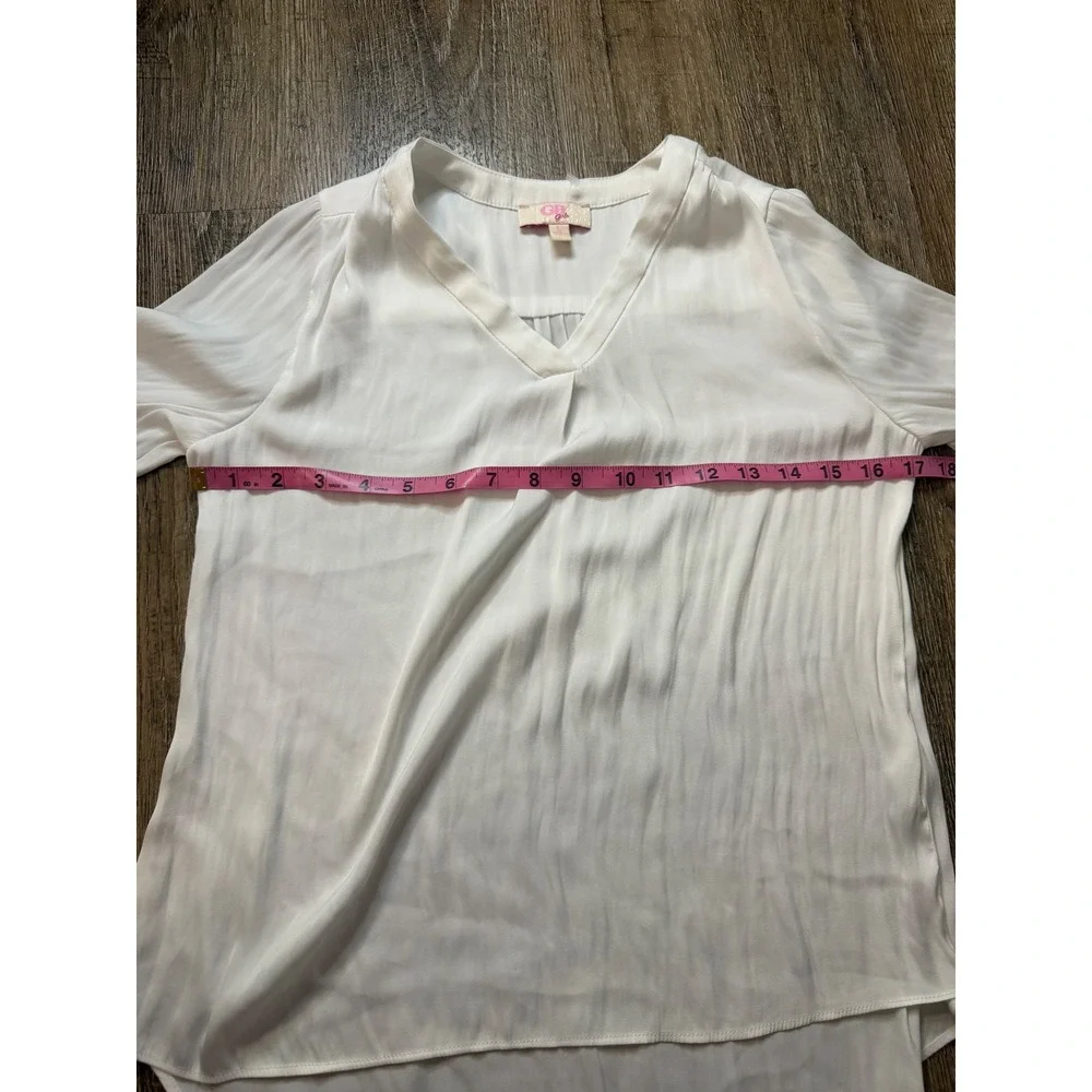 GB Girls White V-Neck Pleated Blouse Long Sleeve High-Low Hem Size L GG2950HCU